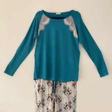 Load image into Gallery viewer, Teal long sleeve top and satin pant set
